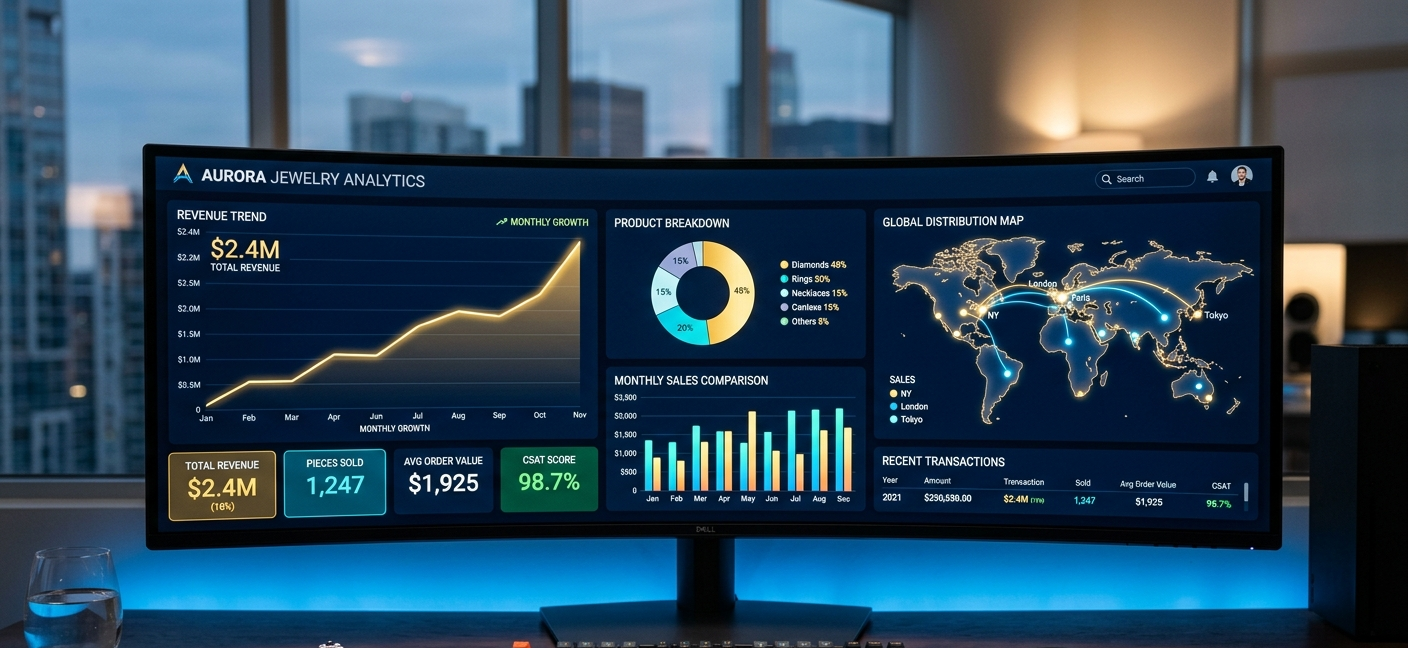 Clean minimalist analytics dashboard showing high-end charts and gemstone stock levels