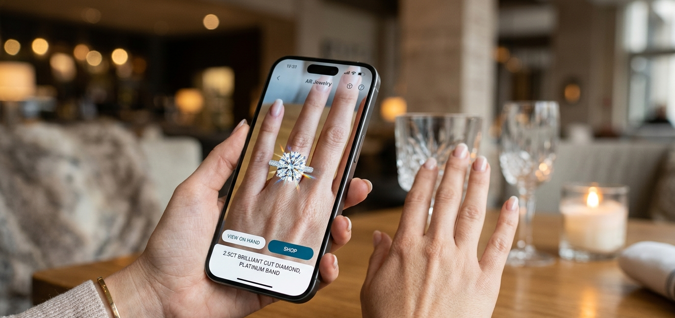 A smartphone showing a 3D digital engagement ring placed onto a real person's hand via AR