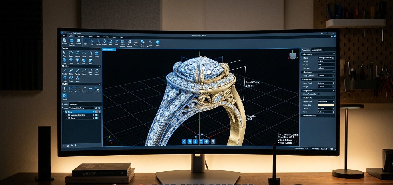 Professional 3D CAD software interface showing a jewelry design with wireframes and gold textures