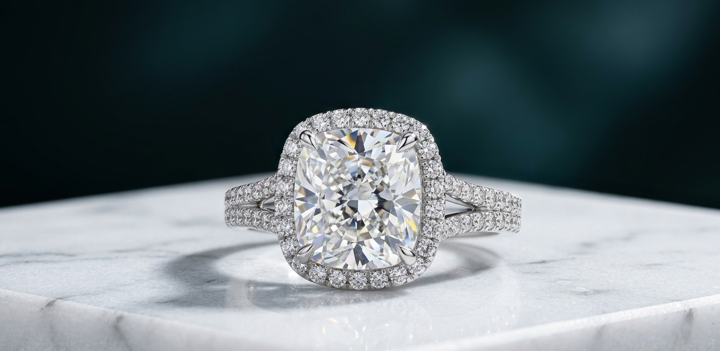 Close-up of a high-end luxury diamond ring resting on a polished white marble surface with sharp crystalline shadows