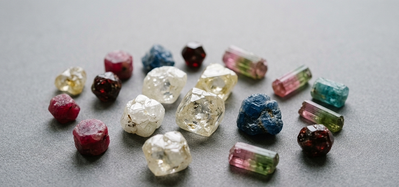 Raw uncut diamond stones on a neutral background