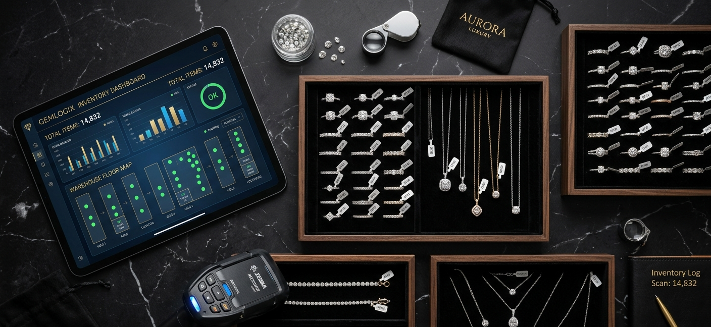 Futuristic warehouse dashboard showing real-time inventory tracking of precious gemstones
