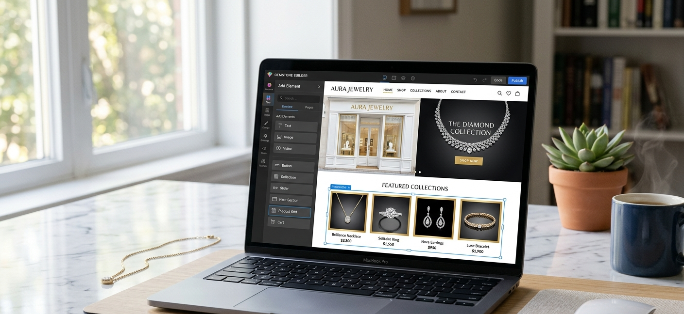 Drag-and-drop jewelry website builder interface with design components and live preview