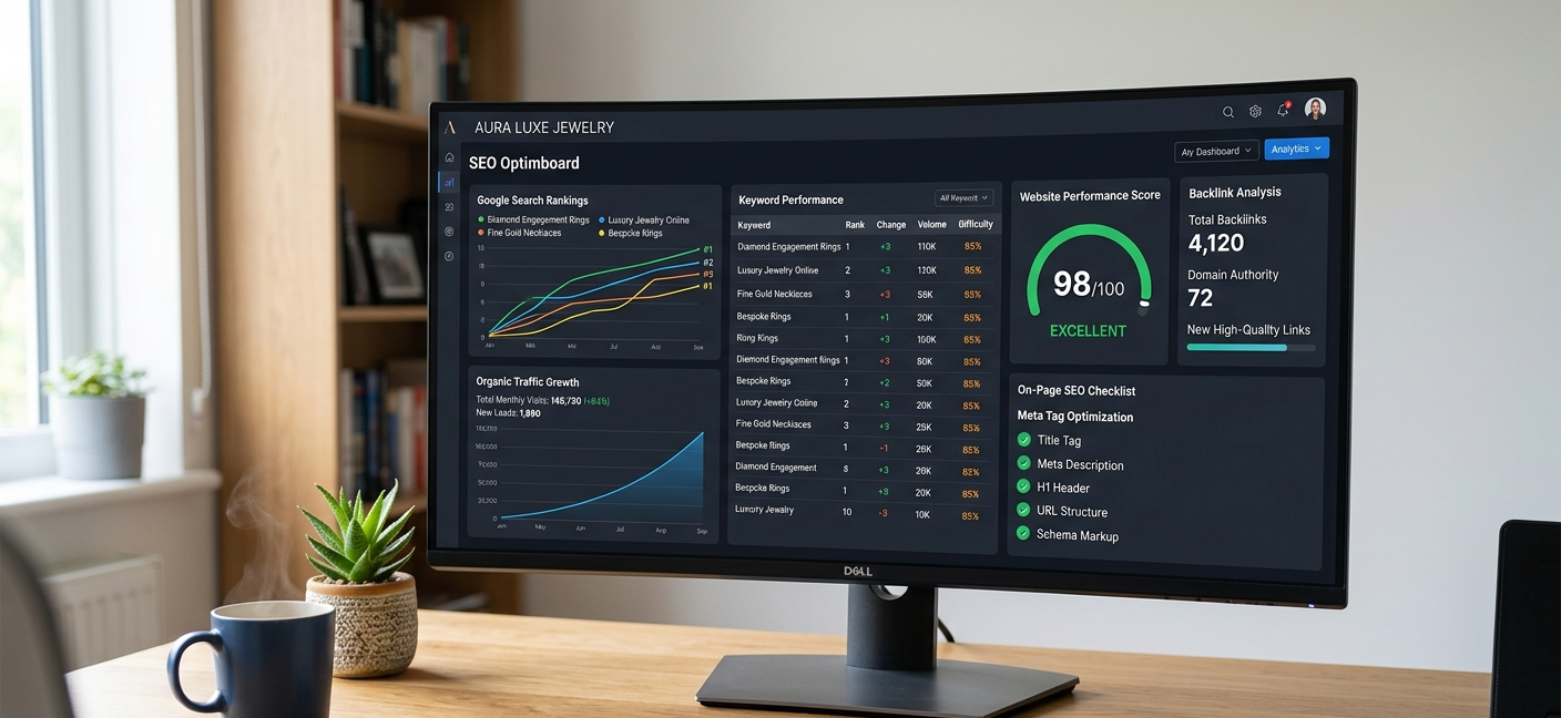 SEO optimization dashboard showing keyword rankings and performance scores for a jewelry brand